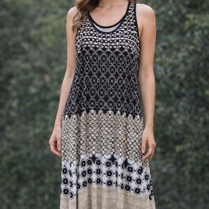 Calvin Klein 3X Dress Black/Tan Sleeveless A-Line Maxi - Geometric Multi Pattern